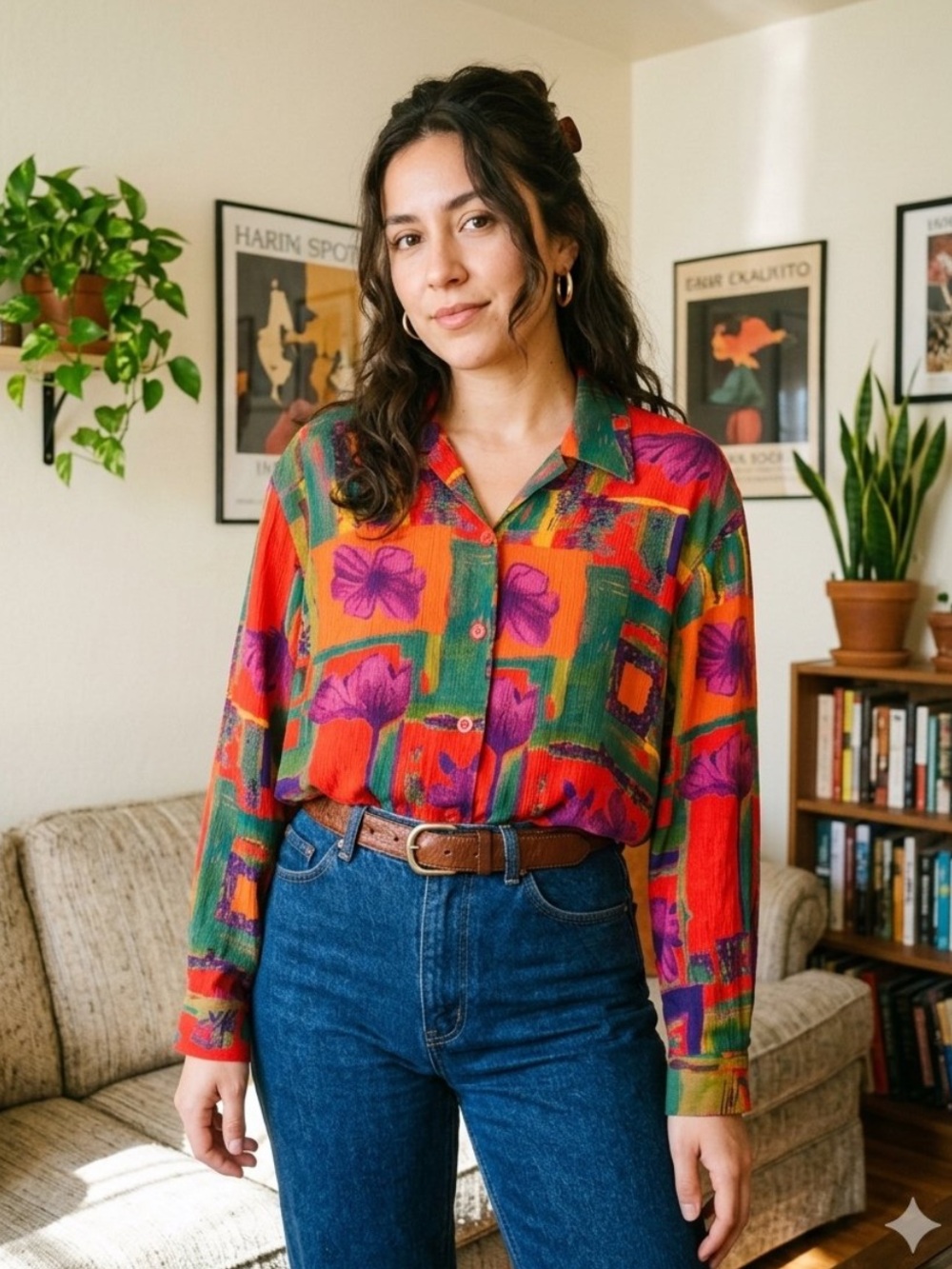 Vintage 90s Carole Little Artistic Vibrant Floral Button-Down Shirt 100% Rayon